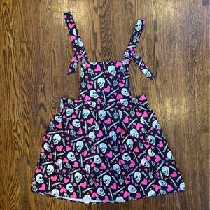 SOLD Black and Pink Skull and Heart Print Overall Skirt